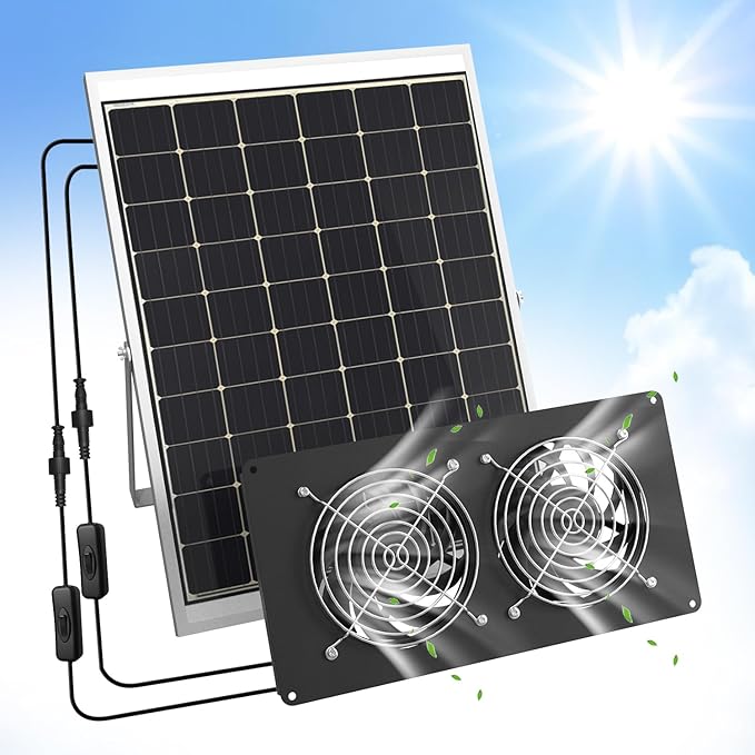 25W Solar Powered Exhaust Fan, Ultra Durable Dual Mental Shell Ventilation for Chicken Coops, Pet Sheds, Dog Houses and Greenhouses - High Speed Airflow, Energy Saving, Waterproof Plug & Play