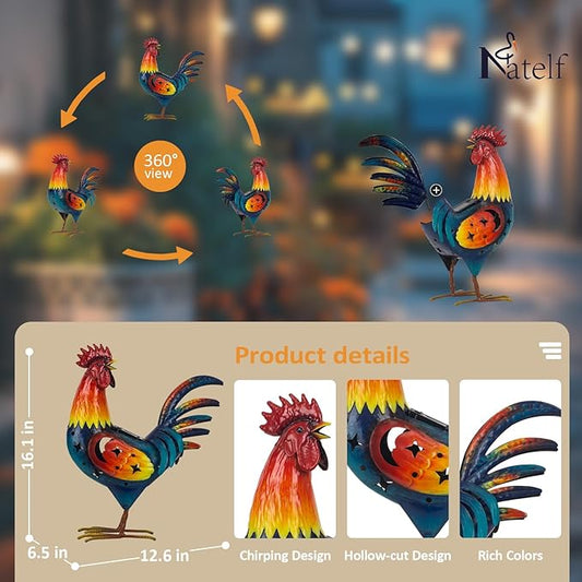 Natelf Solar Rooster Statue Metal Rooster Decor with Solar Light, Weather-Resistant Outdoor Garden Art for Yard, Patio, Lawn, Home Unique Gift for Family and Friends