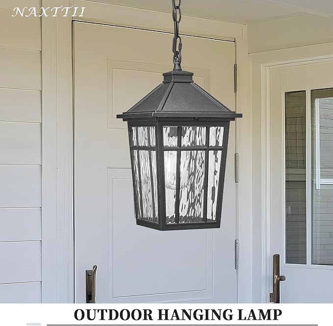 Large Outdoor Pendant Lights for Porch 15.2 Inch Dusk to Dawn Black Hanging Porch Lights Outdoor Waterproof Exterior Hanging Light Fixture with Adjustable Chain E26 Socket
