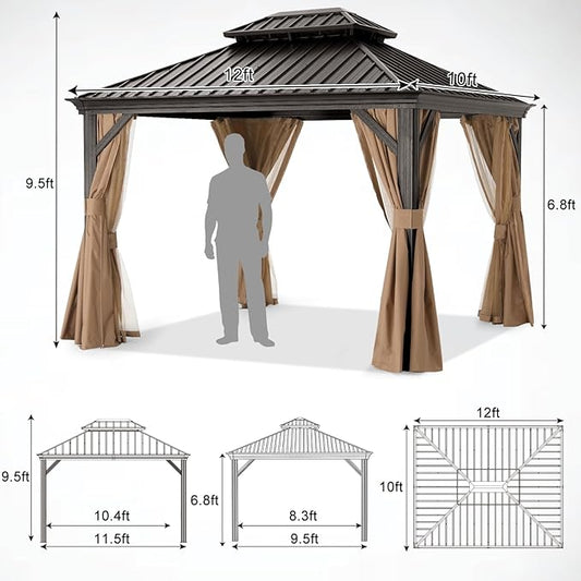 ABCCANOPY Hardtop Gazebo 10x12 - Outdoor Metal Hard Top Gazebo, Permanent Galvanized Steel Aluminum Framed Pavilion with Netting and Curtain for Patio Backyard Lawn Garden (Double Roof, Khaki)