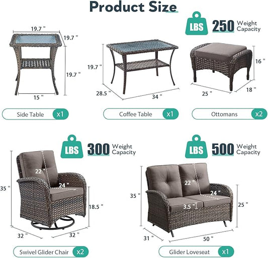 7 Piece Patio Furniture Set - Wicker Patio Conversation Set with Swivel Glider, Glider Loveseat, Tempered Glass Side Table and 2 Ottomans for Deck Backyard - Brown Wicker Grey Cushion