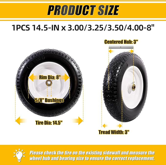 MZREXN 14.5" Wheelbarrow Tire Flat-Free 3.00/3.25/3.50/4.00-8" Solid Tire and Wheel with 3"-7" Centered Hub, 3/4" & 5/8" Bearings Replacement for Hand Truck/Dolly/Utility Cart/Garden Cart 1PCS White