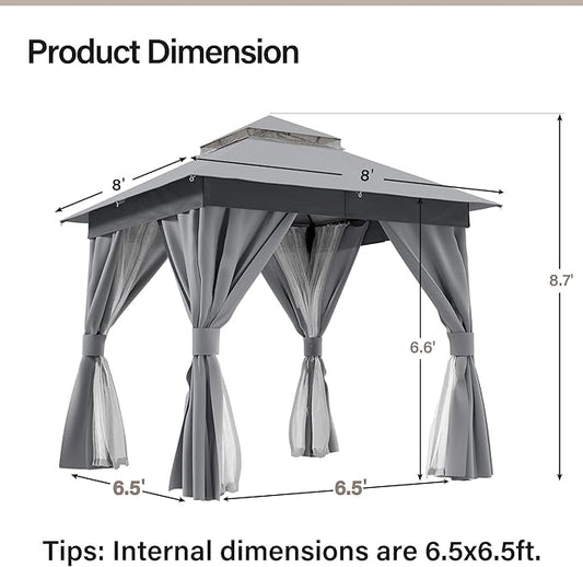 LAUSAINT HOME Outdoor Patio Gazebo 8'x8' with Expansion Bolts, Heavy Duty Gazebos Shelter Party Tent with Double Roofs, Mosquito Nettings and Privacy Screens for Backyard, Garden, Lawn, Smoke Grey