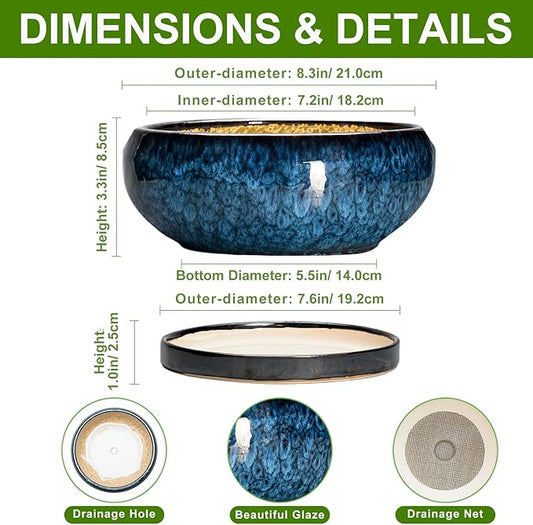 Bonsai Pots 8 Inch - Ceramic Succulent Planter for Indoor Outdoor, Round Bonsai Planter with Drainage Hole and Saucer, Shallow Ceramic Planters Bowl, Patio Decor, Housewarming Gift, Blue