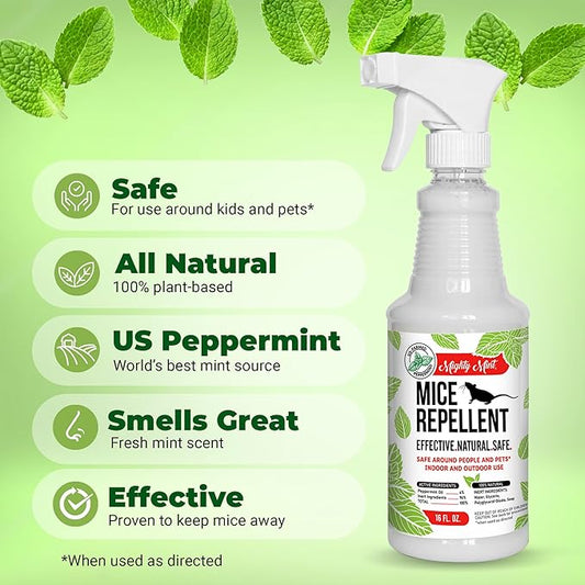 Mighty Mint Peppermint Oil Mouse Repellent Spray – Natural Indoor & Outdoor Control for Mice and Rodents – Plant-Based, Extra-Strong Formula - 16 oz (Pack of 2)
