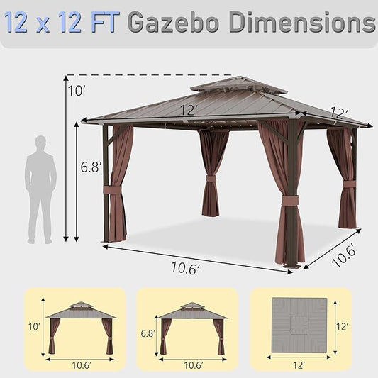 12'x12' Hardtop Gazebo, Outdoor Aluminum Frame Galvanized Steel Double Roof Pavilion with Netting and Shaded Curtains, Permanent Metal Pergolas for Patio, Backyard, Deck and Lawns.