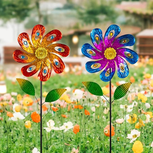 2 Packs Wind Spinners Outdoor, Metal Wind Sculptures & Spinners with Stake, Colorful Flower Windmill for Yard Patio Lawn Garden Decor, 36 x 9 Inches