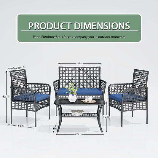 4-Piece Patio Furniture Set, Weather-Resistant Rattan Patio Conversation Set with Two-Tier Coffee Table, Upholstered Openwork Wicker Furniture for Porch, Garden, Lawn, Blue
