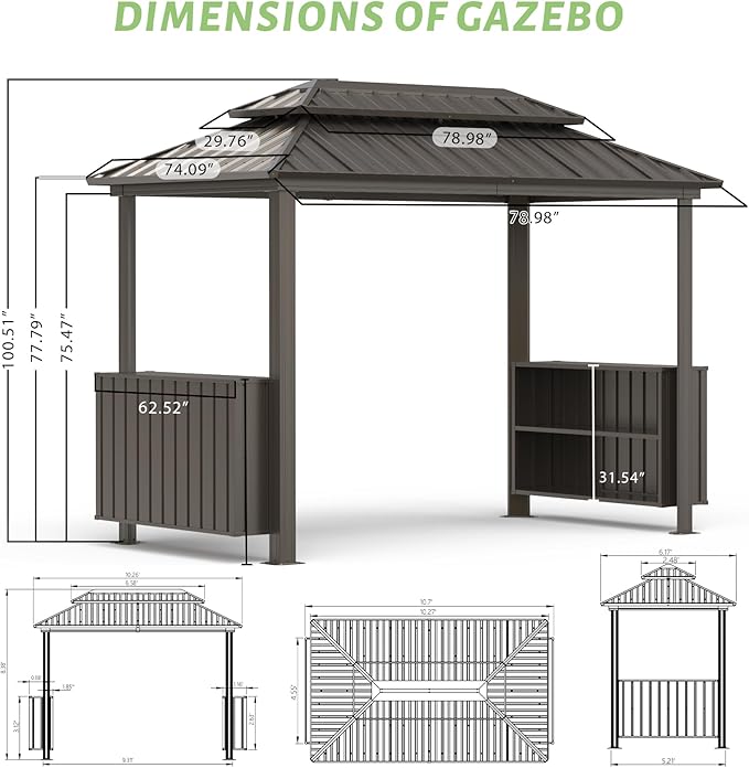 Domi 6x10FT Hardtop Grill Gazebo, Outdoor Metal BBQ Gazebo with Galvanized Steel Double Roof, 2 Double-Layer Storage Cabinets and Ceiling Hooks, Permanent Grill Canopy for Patio Backyard Garden,Brown