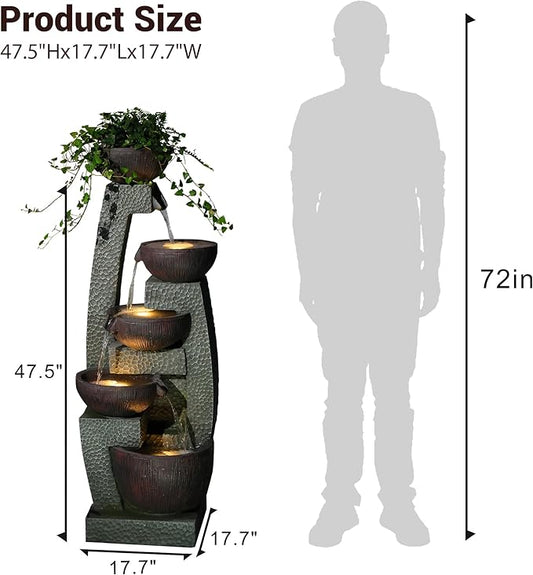 47.5" H Water Fountain Outdoor with LED Lights & Pump, 5-Tier Cascading Outdoor Fountain for Garden,Patio,Porch,Backyard,Home Art Decor Gifts for Housewarming