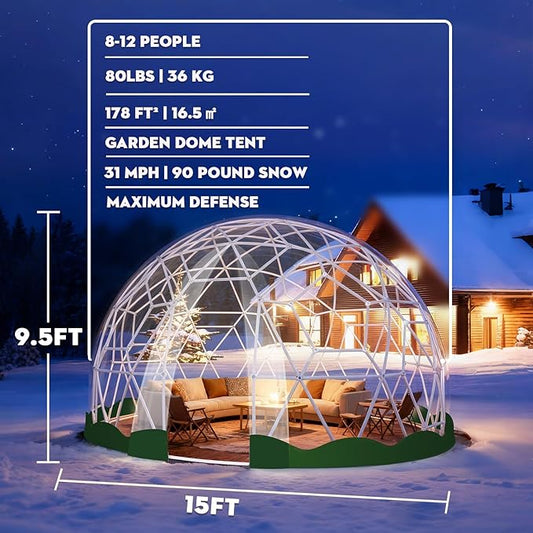 Garden Dome Tent, 15 x 9.5 ft Outdoor Clear Bubble Tent for 2-4 Person, All-Weather Geodesic Dome Greenhouse with Window & Door, PVC Transparent Tent for Patio, Camping, Party (15FT - Green)