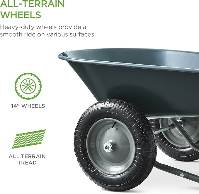 Best Choice Products Dual-Wheel Home Utility Yard Wheelbarrow Garden Cart w/Built-in Stand for Lawn, Gardening, Construction - Dark Gray