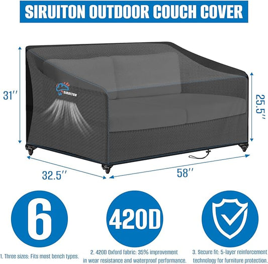SIRUITON 2-Seat Garden Patio Sofa/Loveseat/Bench Cover 58" W x 32.5" D x 31" H,Heavy Duty 420D Oxford Waterproof Outdoor Sofa Cover, Lawn Patio Furniture Covers