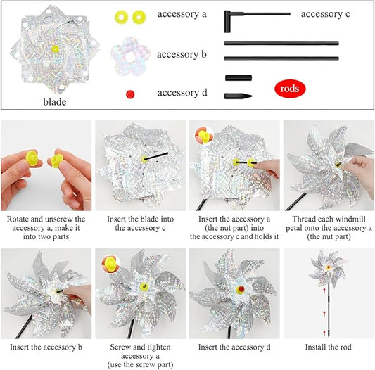 6Pcs Sparkly Pinwheels for Yard and Garden, Reflective Silver Wind Spinners Yard Decorations Outdoor Windmill, 9.5in Garden Pinwheels to Scare Birds, Silver