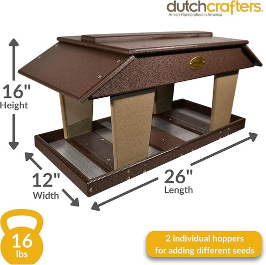 DutchCrafters Poly Post Mount Extra Large Double Hopper Bird Feeder, Outdoor Wild Bird Feeder for Outside, USA Amish Made (Brown & Weatherwood)
