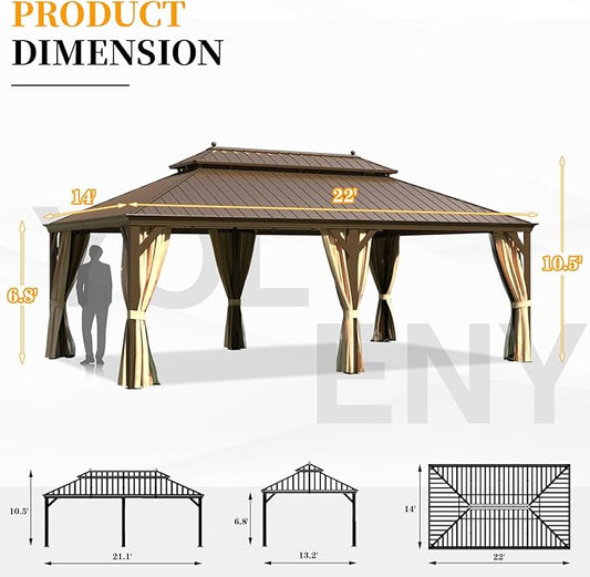 YOLENY 14'x22' Gazebo, Hardtop Gazebo with Galvanized Steel Double Roof, Pergolas Aluminum Frame, Netting and Curtains Included, Metal Outdoor Gazebos for Garden, Lawns