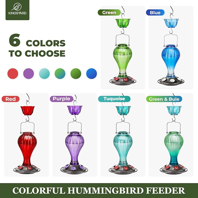 Kingsyard 2 Pack Glass Hummingbird Feeder 24 Ounces, 6 Feeding Ports, Hanging Bird Nectar Feeder for Outdoors Garden Yard Décor, Ant Moat Included, Red