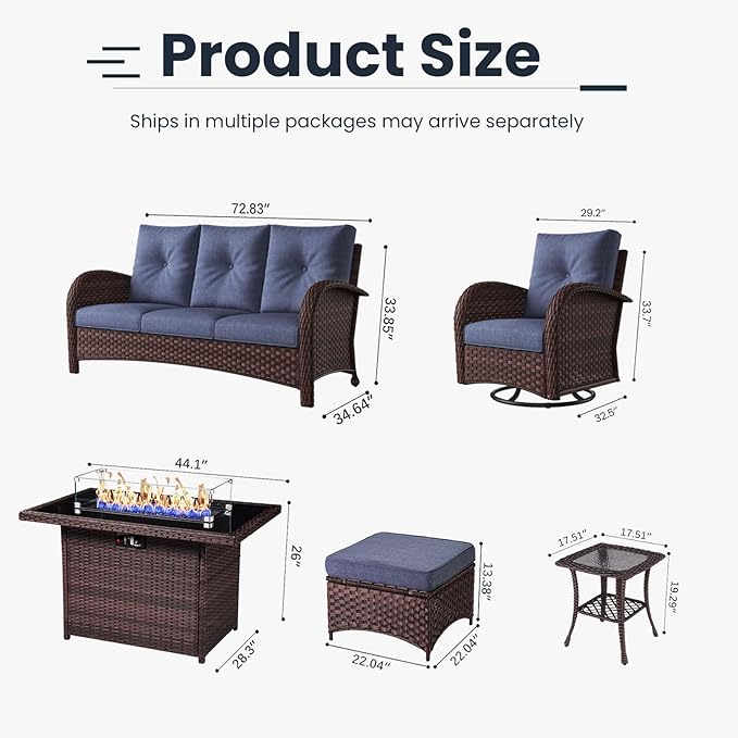 10 Pieces Patio Furniture Sets with Fire Pit Table, Wicker Rattan High Back Outdoor Swivel Rocking Chairs Set with 3-Seat Couch, Ottomans and Side Table