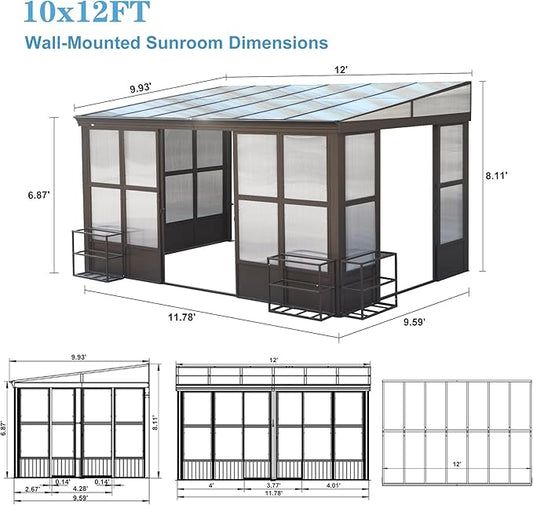 10x12FT Wall Mounted Sunroom, Outdoor Permanent Lean-to Solarium with Detachable Polycarbonate Roof, 2 Lockable Sliding Doors, Aluminum Gazebo Against The Wall Sun Room for Garden Patio Deck