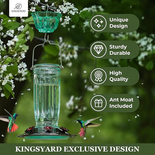 Kingsyard Glass Hummingbird Feeder for Outdoors Wild Bird Feeder with 6 Feeding Ports Hanging for Garden Yard, Green (Ant Moat Included)