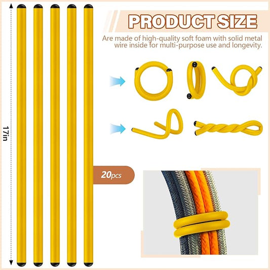 20 Pcs 17 Inch EVA Foam Twist Rubber Ties Reusable Bendable Cable Tie Straps Flexible Heavy Duty Twisty Ties for Organizing Cords Bundling (Yellow)