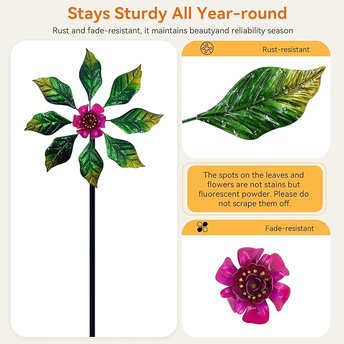 Solar Glow Garden Wind Spinner Outdoor, 13" W Flower Metal Wind Spinner & Sculptures with Fluorescent Coating, Kinetic Windmill for Yard Lawn Patio Decor