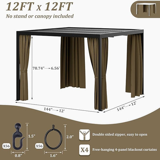 Gazebo Universal Replacement Privacy Curtain,12'×12' Gazebo Outdoor Waterproof Curtains, 4-Panels Sidewall Curtains with Double Zipper for Patio Canopy, Garden and Backyard (Curtain Only)