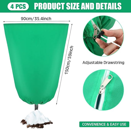 4 Pcs Plant Covers Freeze Protection 35.4" x 59" Winter Frost Blankets for Outdoor Plants with Zipper Drawstring Frost Cloth Freeze Covers Warm Shrub Jacket for Fruit Tree Potted(Green)