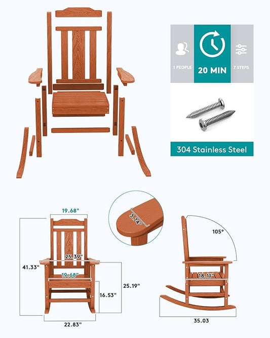 SERWALL HDPE Rocking Chair Set of 2, All Weather Patio Rocking Chair, HDPE Poly Rocking Chair for Adults, Heavy Duty Front Porch Rocker, Orange