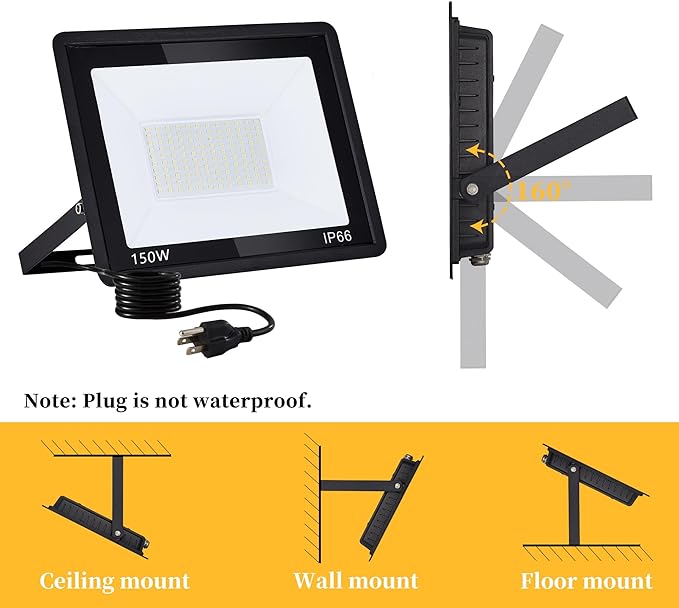 ADYENA 2 Pack 150W LED Flood Lights Outdoor, Plug in LED Work Light, 1500LM Super Bright Outdoor Lights, IP66 Waterproof 6000K Daylight White Floodlights for Garage Yard Garden Playground
