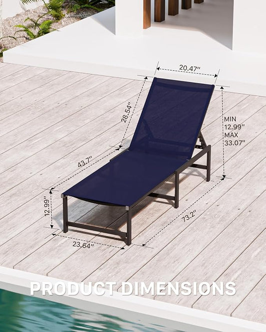 Chaise Lounge Chair Outdoor, Aluminum PatioChairs with 5 Adjustable Backrest and HeadrestPillows for Outside Beach,NavyBlue