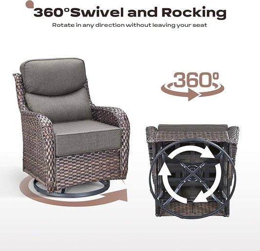 Rilyson Wicker Outdoor Patio Furniture Set - 4 Piece Patio Conversation Set with Swivel Rocker Chairs and Ottomans, 6 inch Cushions, High Back, Deep Seating, for Porch Deck Garden Brown/Grey