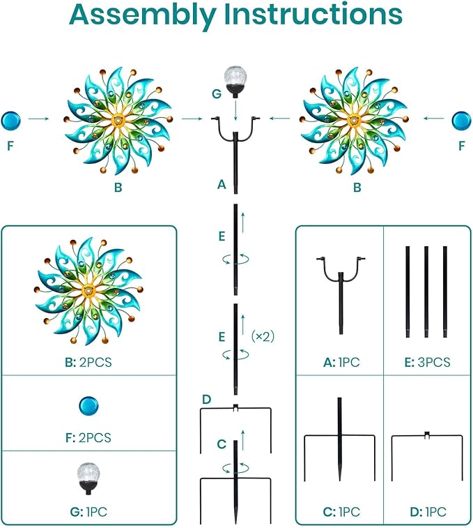 Solar Wind Spinners Outdoor – H63xW13 Metal Kinetic Garden Spinner with Crackle Glass Ball & Built-in Solar Panel – Peacock-Style Yard Wind Sculpture with LED Light