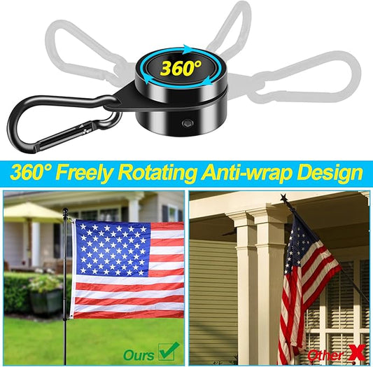 Flag Pole Rings, 1" Spinning Flagpole Ring Clips, 2 Pcs Aluminum Alloy & Steel 360° Rotating Anti Wrap Flag Mounting Rings with Snap Carabiners for 0.75-1.02 Inch Diamete Flagpole (Φ1, Black)