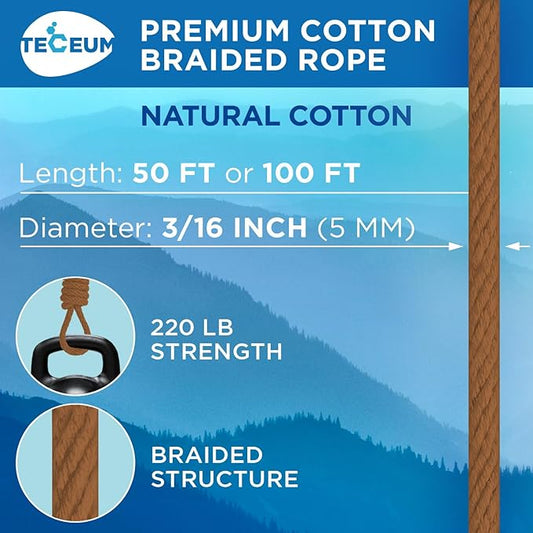 TECEUM Cotton Rope 3/16” (5 mm) – 100 FT – Strong All-Purpose Braided Rope – Natural Cotton – for Crafting, Сamping, Clothes Line, DIY, Indoor & Outdoor Use – Ochre