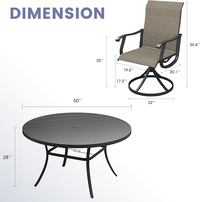 VICLLAX 7 Pieces Outdoor Dining Set, Patio Furniture Set of 6 Patio Swivel Dining Chairs and 50" Patio Round Table, Mixed Brown Chairs & Black Tabletop