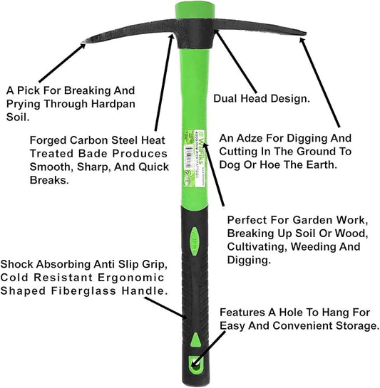 WilFiks Pick Mattock, 15" Heavy Duty Pick Axe Hand Tool with Forged Heat Treated Carbon Steel, Adze Hoe for Weeding, Prying and Digging Anti-Slip Grip, Fiberglass Ergonomic Shock Reduction Handle