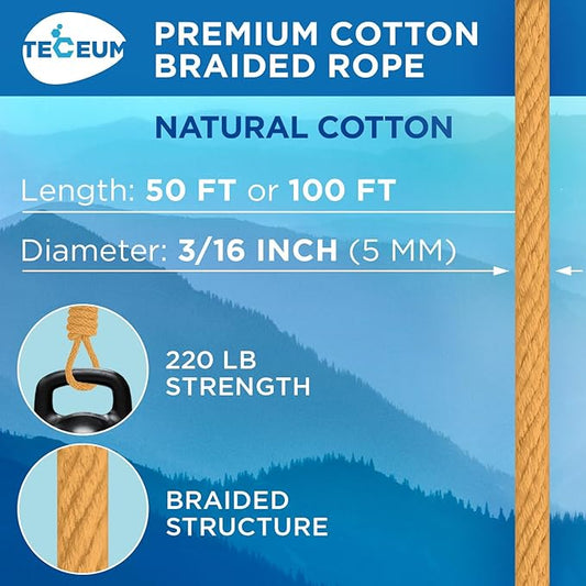 TECEUM Cotton Rope 3/16” (5 mm) – 100 FT – Strong All-Purpose Braided Rope – Natural Cotton – for Crafting, Сamping, Clothes Line, DIY, Indoor & Outdoor Use – Honey