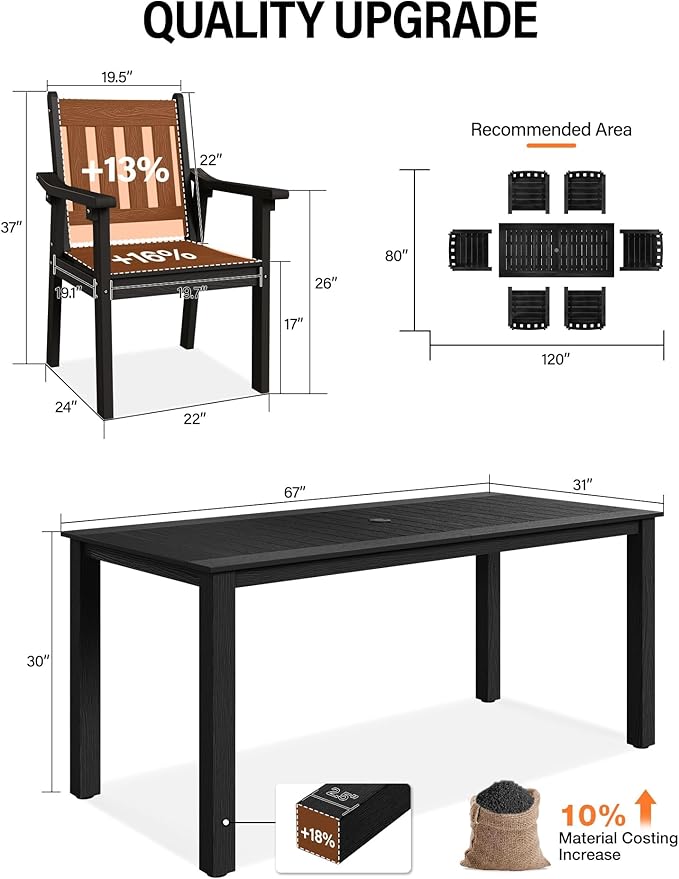 YEFU Outdoor Patio Dining Sets: Outdoor Furniture 12 Piece Dining Table Set for 10 with Umbrella Hole & Aluminum Frame - All Weather Patio 2 Table and 10 Chairs for Outside Backyard/Porch/Deck Black