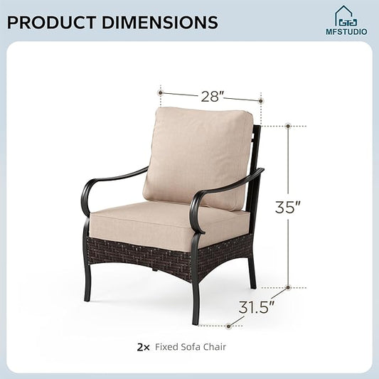 MFSTUDIO Outdoor Patio Furniture Set, Rattan Wicker Patio Sofa Chair, Metal Outdoor Conversation Set, 2 x Fixed Sofa Chair for Outside Garden Backyard
