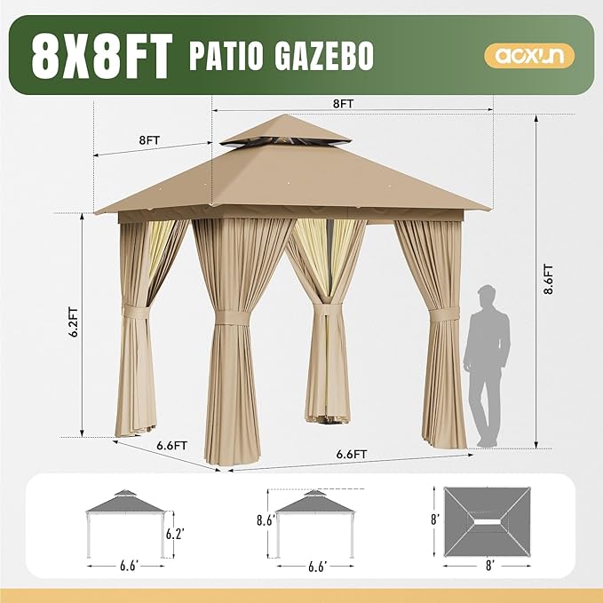 AOXUN Outdoor Gazebo for Patio 8x8, Metal Frame Canopy with Double Roofs, Heavy Duty Party Tent and Shelter with Mosquito Netting and Privacy Screen for Backyard, Lawn, Garden, Deck