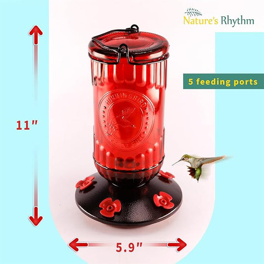 Nature's Rhythm Bird Feeder Vintage Red Antique Glass Bottle Hummingbird Feeder 5 Feeding Ports and 23-Ounce Nectar Capacity Per Feeder
