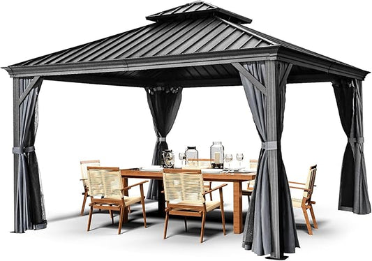 HAPPATIO 12' x 12' Hardtop Aluminum Gazebo with Galvanized Steel, Double Roof Permanent Patio Metal Canopy with Netting and Curtains for Garden, Lawns, Parties (Grey)