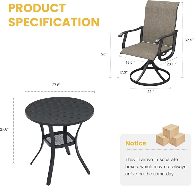 VICLLAX Patio Dining Set for 2, 3 Pieces Outdoor Furniture Includes 27.5" Small Round Patio Table and 2 Outdoor Swivel Chairs for Lawn Garden, Black Tabletop and Mixed Brown Fabric