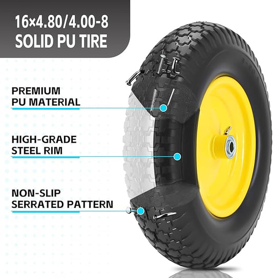 16" 4.80/4.00-8" Flat-Free Solid Wheelbarrow Wheel and Tire, 3"-7"Centered Hub with 5/8"&3/4" Bearings for Wheelbarrows Utility Cart Lawn Dollies