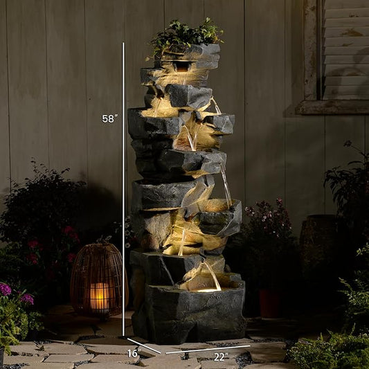 58Inch Outdoor Garden Water Fountain 6 Tiers Large Cascading Rock Natural Waterfall Outdoor Fountain with LED Lights for Patio Porch Backyard Home Art Decor