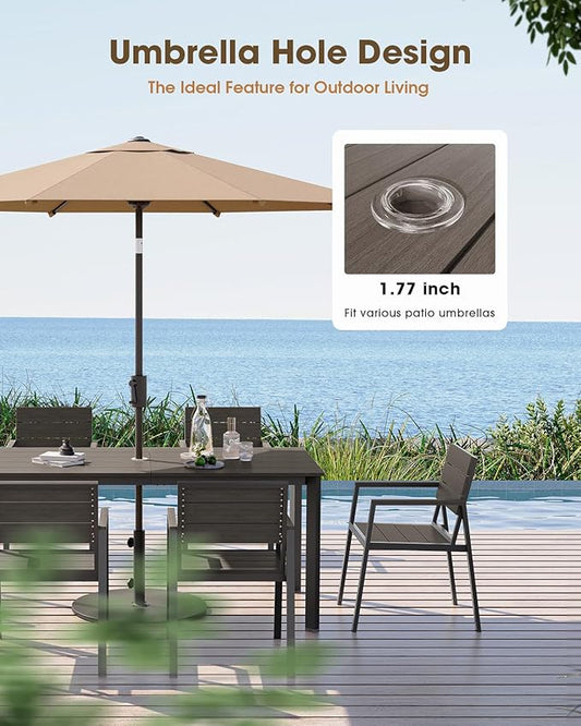 Outdoor Patio Dining Table, Aluminum & HDPE Outdoor Table with Umbrella Hole, All-Weather for Deck, Garden, Lawn, Backyard, Poolside and Indoor Use (Charcoal)