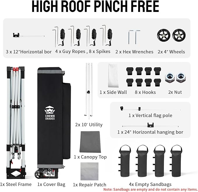 CROWN SHADES 10x10 Pop Up Canopy Tent with 1 Comercial Kit, Instant Commercial Tent with Patended Centerlock, 400D Silver Coated Fabric, 1 Sidewall, 4" Wheels, Sto'N Go Bag,Grey
