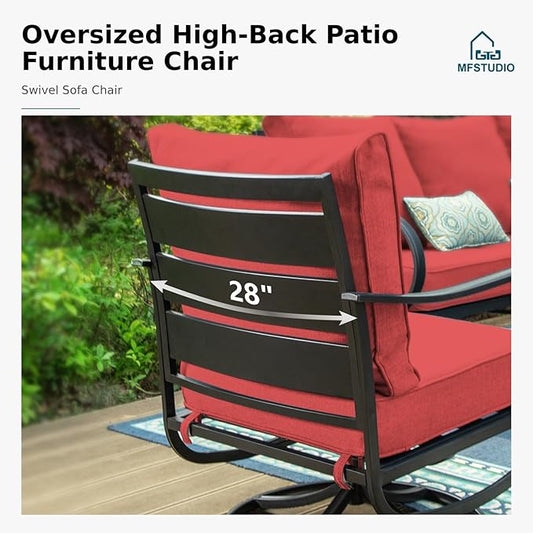 MFSTUDIO Metal Patio Conversation Sets, Outdoor Furniture Sofas Set of 2, 2 Pieces Durable Steel Frame Patio Swivel Chairs with 5.8" Burgundy Red Cushions for Patio Garden Backyard Balcony