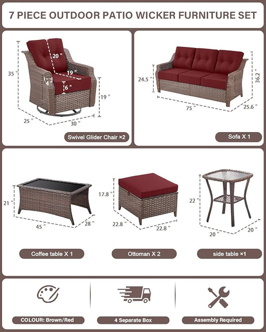 Belord 7 Piece Patio Furniture Set - High Back Swivel Rocker Glider Outdoor Chairs with 3-Seat Sofa and Ottoman, All-Weather Removable 6" Red Cushion for Patio Conversation and Family Reunion